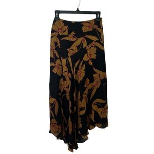 A.L.C. Black and Gold Floral Asymmetrical Silk Midi Skirt Size 0